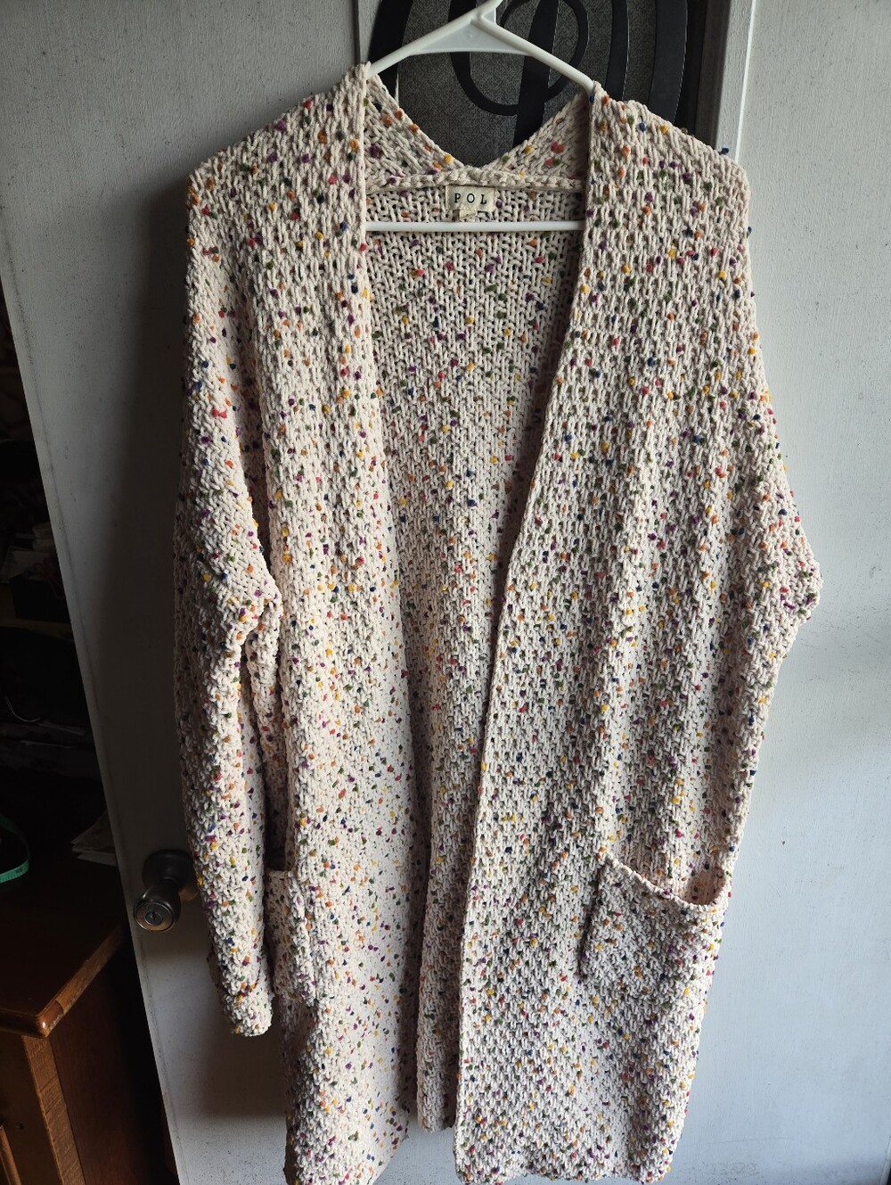 POL Cream Speckled Open-Front Knit Cardigan EUC